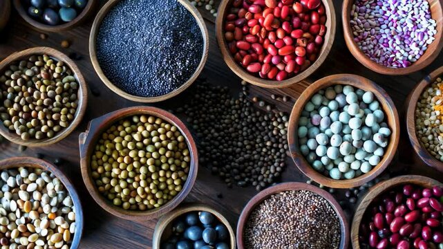 Colorful collection of various legumes and pulses in wooden bowls