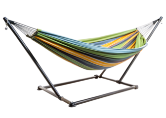 Striped Hammock with Metal Stand - Isolated on White Background as Transparent. PNG. AI GENERATED