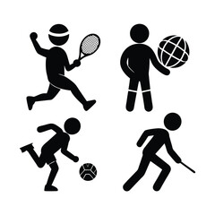 Fototapeta premium Silhouette set of sports icons including tennis player, ball, racket, and action illustrations in vector style