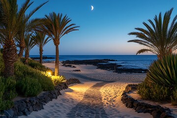 Fototapeta premium Beach path at night under crescent moon