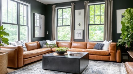 Modern Living Room with Leather Sofa and Green Plants in Bright Space