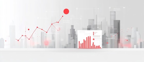 Fototapeta premium Urban Growth And Prosperity Visualized With A Dynamic Upward Trending Graph Against A Cityscape Backdrop Featuring Subtle Red And Gray Tones