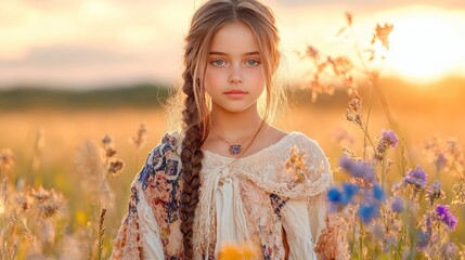 Young woman in bohemian floral maxi dress with loose hair and flowers, barefoot in sunny meadow