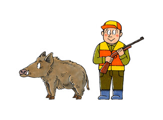 猟師とイノシシ