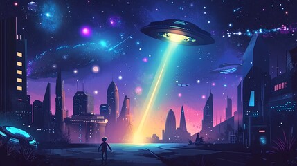 Digital futuristic city with UFO or alien ship on neon glow color theme to celebrate or commemorate Alien Abduction Day on March 20