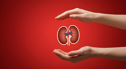 A pair of hands supporting a human kidney illustration on a red background