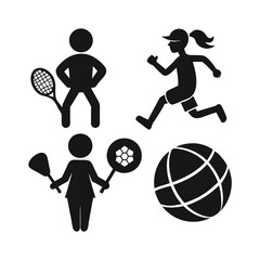 Fototapeta premium Silhouette set of sports icons including tennis player, ball, racket, and action illustrations in vector style