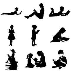 A set of People reading book vector silhouette, isolated, student, girl, kids, vector silhouette