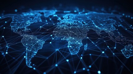 A digital world map is rendered in connected glowing nodes