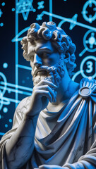 Obraz premium Philosophical Marble Statue with Futuristic Blue Neon Mathematical Symbols