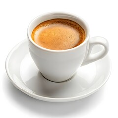 Naklejka premium White Ceramic Cup Filled with Rich Coffee on Plain White Saucer, Featuring a Smooth Crema Layer