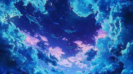 Obraz premium Dreamy sky with whale and fluffy clouds in dreamy shades of blue art