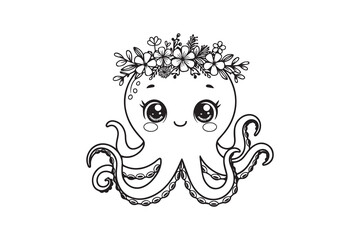 Floral Crowned Pink Octopus Design VECTOR