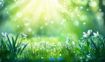 Obraz premium Beautiful blurred spring background with bokeh, green and blue colors, blurred nature, spring light background with sun rays and defocused elements
