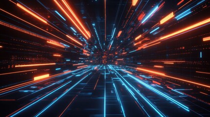 Obraz premium Abstract digital tunnel of glowing lines orange and blue light