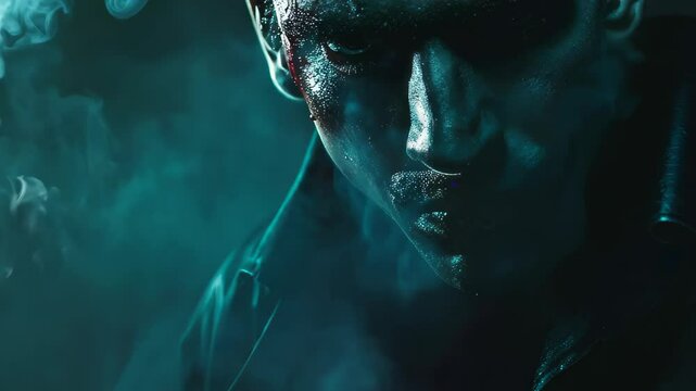 Intense Close-up of a Male Portrait with Smoke and Shadows