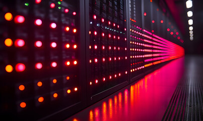 Abstract view of an IT server room illuminated by red lights in the darkness