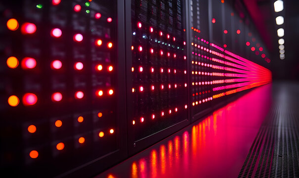 Abstract view of an IT server room illuminated by red lights in the darkness