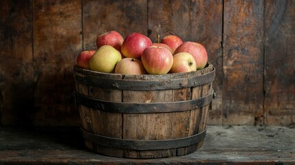A vintage wooden bucket filled with fresh apples, placed on a farm.