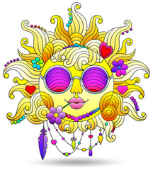 Stained-glass illustration with bright sun with face, solated on a white background
