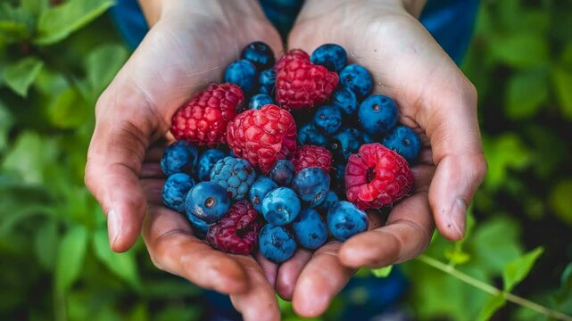 Fresh Berries in Hands Surrounded by Green Foliage Close-Up
