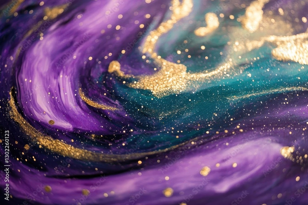Wall mural shimmering cosmic nebula with swirling violet and teal galaxies, ethereal golden stardust particles 