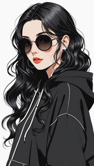 Stylish Anime Girl with Long Wavy Black Hair and Sunglasses in a Black Hoodie
