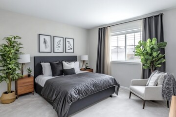Fototapeta premium Modern bedroom interior design with king bed, gray bedding, plants, and armchair.