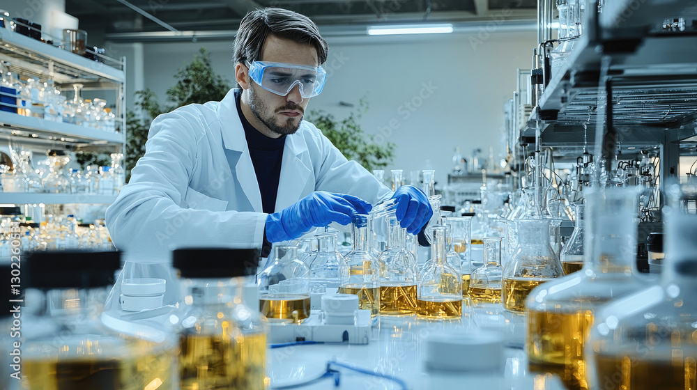 Aufkleber focused scientist in laboratory conducts experiments with various glassware, showcasing dedication a