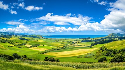 Obraz premium Summertime Coastal Valley Landscape: Vibrant Green Fields and Blue Ocean Under a Sunny Sky AI Generated