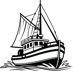 Fishing Boat Silhouette, Vector Design, Fishing Boat Icon