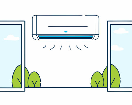 A white wall-mounted air conditioner releasing cool air into a bright room