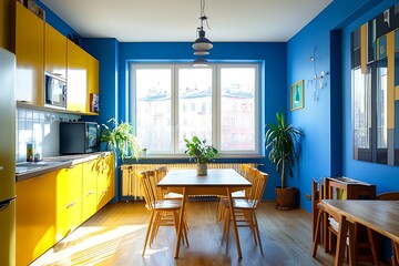 Interior of modern living room with blue armchair and yellow wall