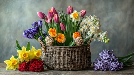 A collection of flower bulbs, including tulips, daffodils, and hyacinths, arranged in a rustic basket on a gardening table.