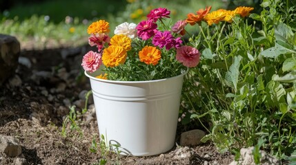 A simple white bucket filled with colorful flowers, placed in a garden.
