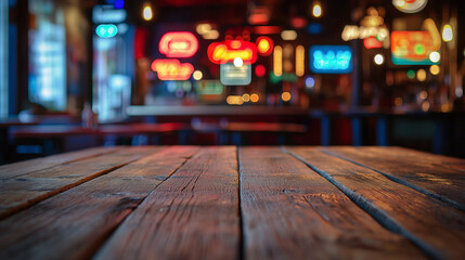 Rustic Wooden Table Blurred Bar Background