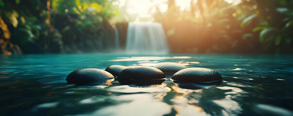 Waterfall serenity, jungle pool stones