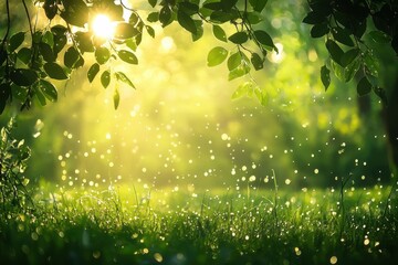sun-dappled forest clearing with emerald foliage rendered in beautiful bokeh, where dew-kissed grass catches golden sunbeams filtering through a canopy of leaves creating an enchanted natural backdrop