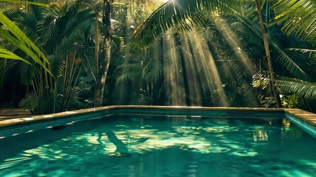 Serene tropical pool with sunlight filtering through palm leaves, surrounded by lush greenery, creates beautiful reflections on tranquil water surface of nature.