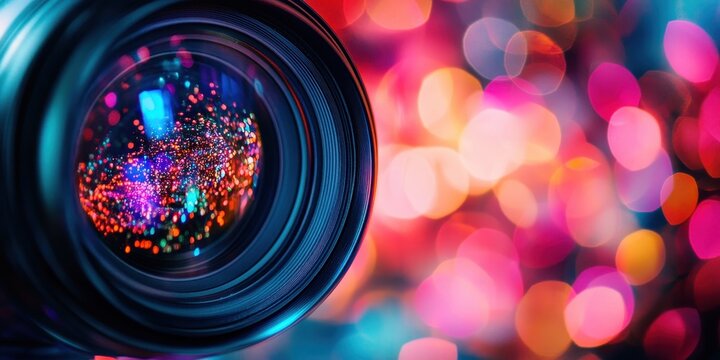 Camera lens reflecting a vibrant array of colorful bokeh lights