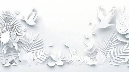 Obraz premium Papercut Birds and Tropical Leaves: A White-on-White 3D Render AI Generated