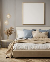 Modern bedroom interior with beige bedding, large empty frame above bed, and side table.