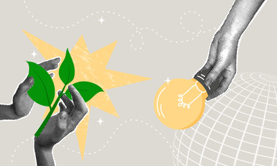 Trendy halftone collage. Green sprout in caring hands. Concept of caring for our planet, Green energy, sprout, innovation. 