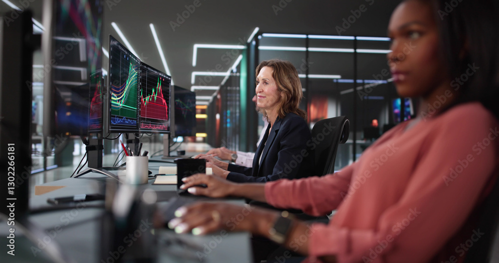 Poster busy stock broker team in office analyzing charts and data.