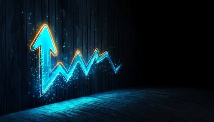 Glowing Blue and Yellow Arrow Graph on Dark Wooden Background