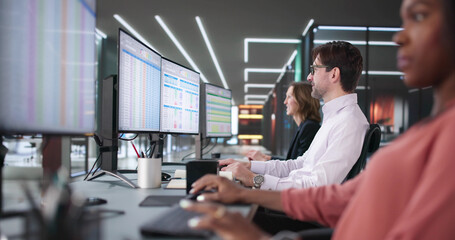 Team of diverse professionals using software