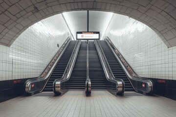 Obraz premium urban underground transit station with three large blank advertising billboards mounted on white-tiled wall along escalator, perfect for brand mockup in minimalist public space