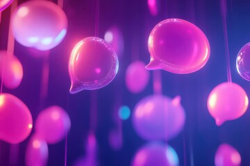 vibrant 3d speech bubbles floating in gradient space with holographic texturing, representing digital communication across metaverse platforms