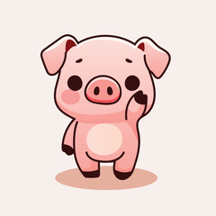 Cute Kawaii Cartoon Pig Illustration Waving Gesture With cute expression with blushing face