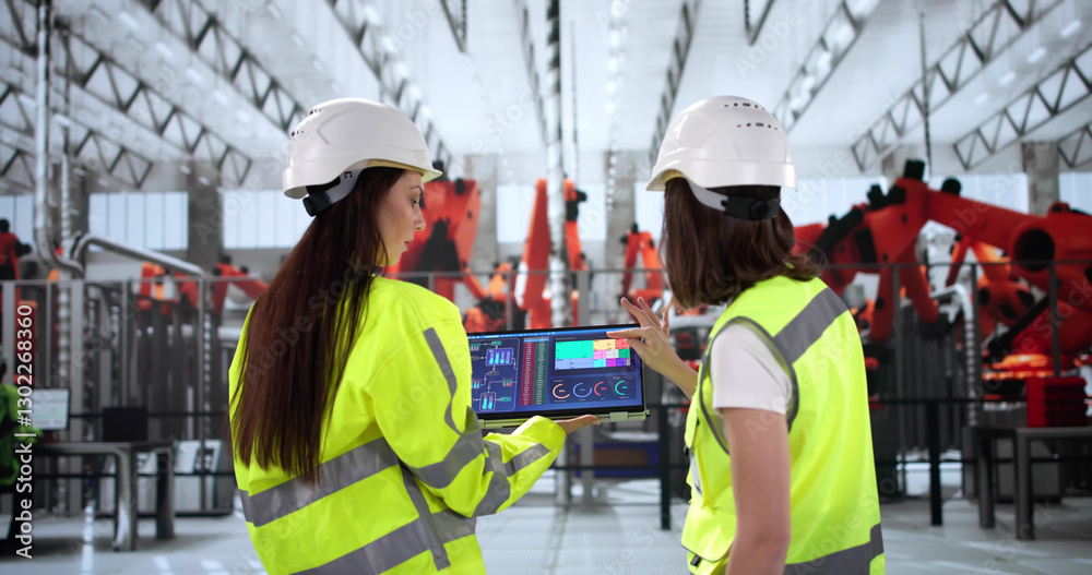 Aufkleber inspectors monitoring efficiency of robotic car assembly line